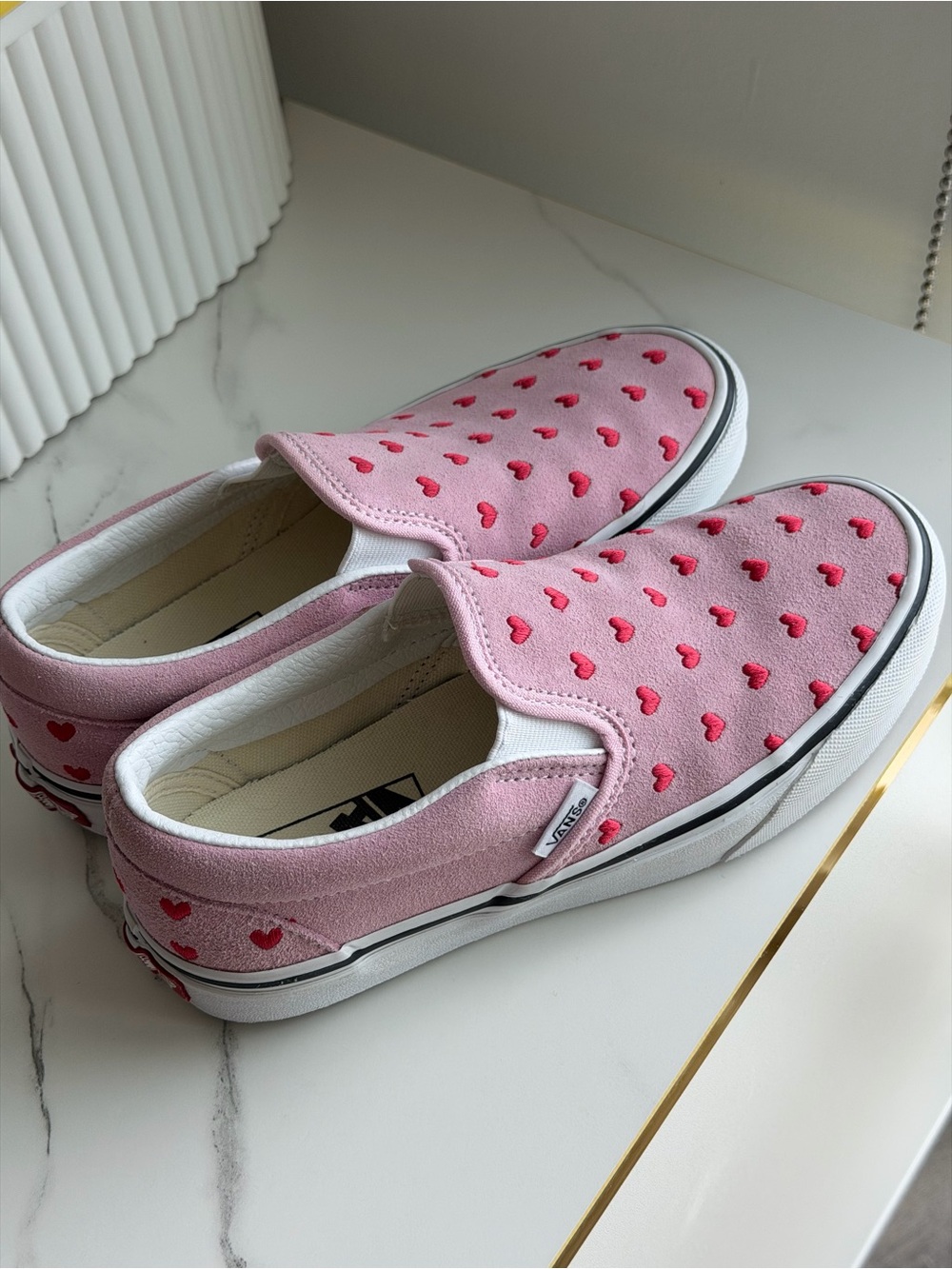 Vans Slip-On Pink Suede with Embroidered Hearts - Women’s 5.5 US